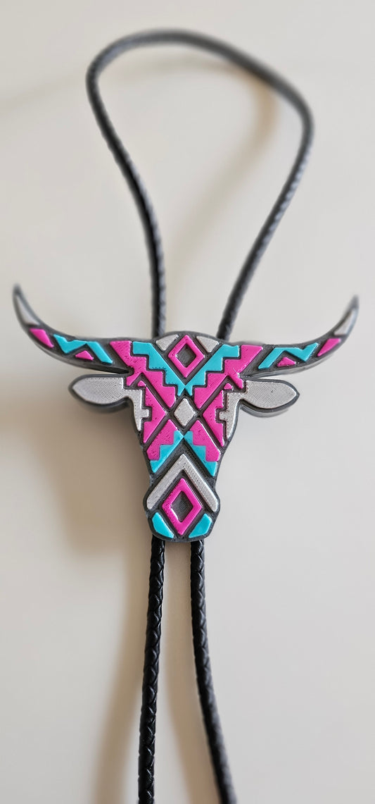 Turquoise Pink Aztec Longhorn 3D Inlay Bolo Tie Necklace Made in America