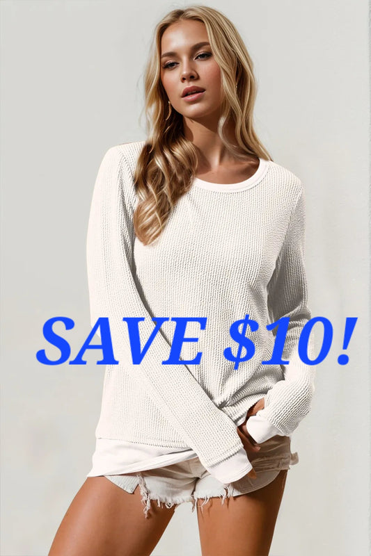 Double Take Corded Rib Thumbhole Cuff Round Neck T-Shirt