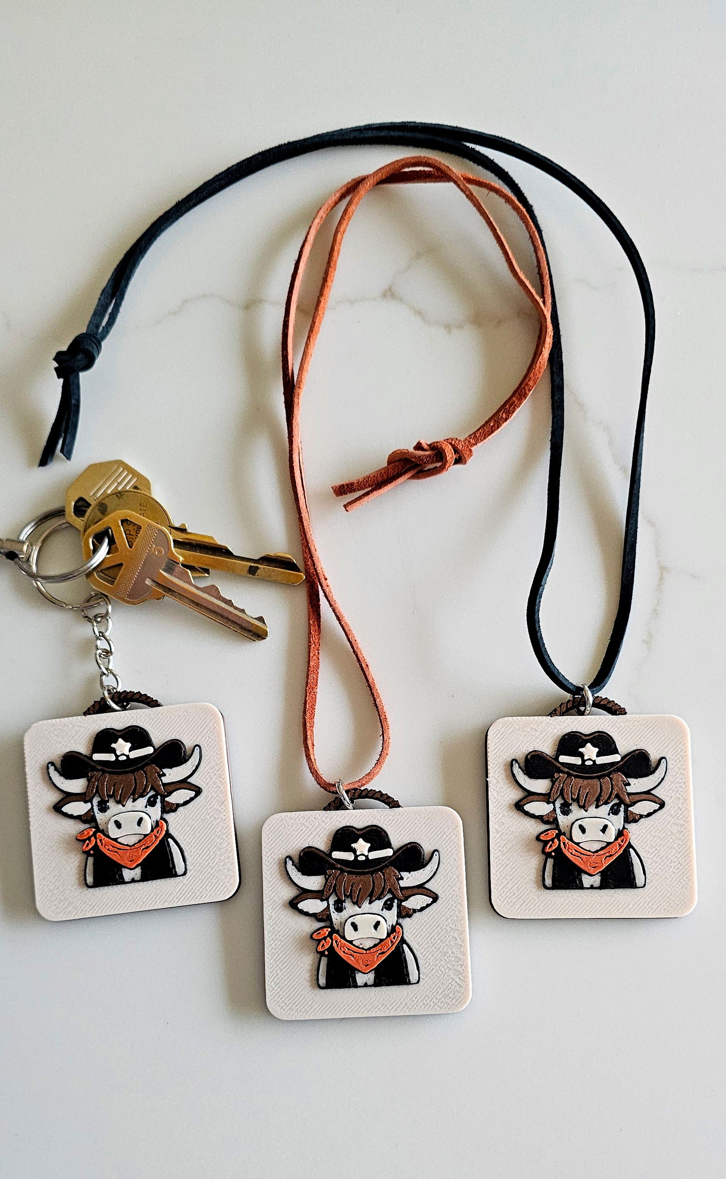 3D Print Cowboy Highland Cow Picture Necklace, Keychain or Purse Charm on Suede Leather Western Made in America