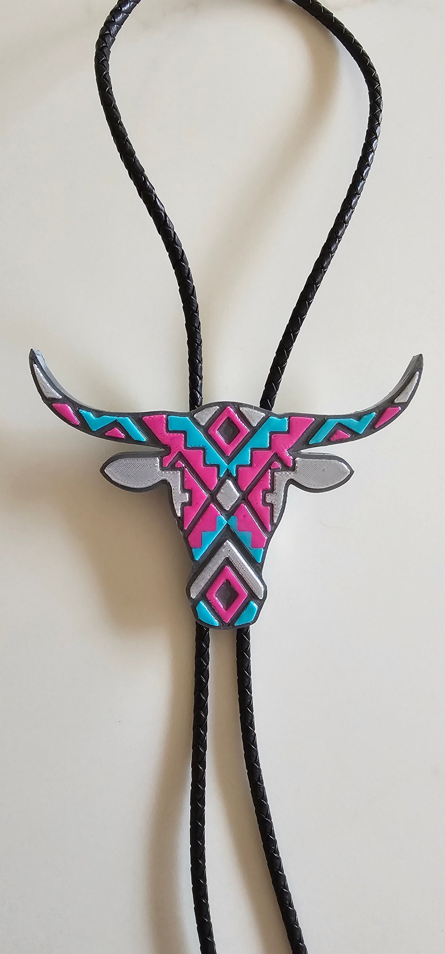 Turquoise Pink Aztec Longhorn 3D Inlay Bolo Tie Necklace Made in America