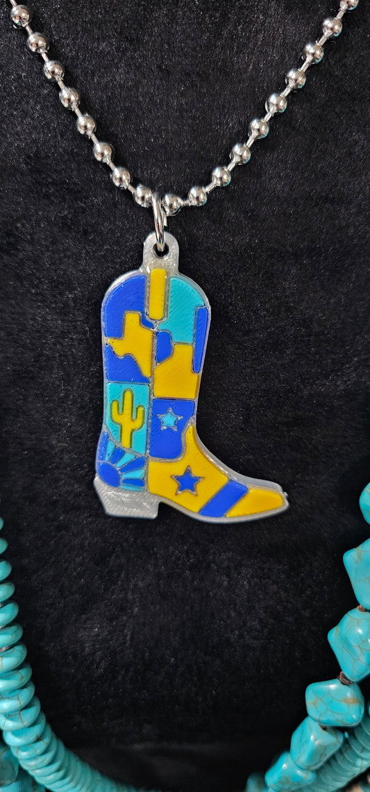 Baha Ranch 3D Print Yellow Blue Texas Inlay Boot Necklace
