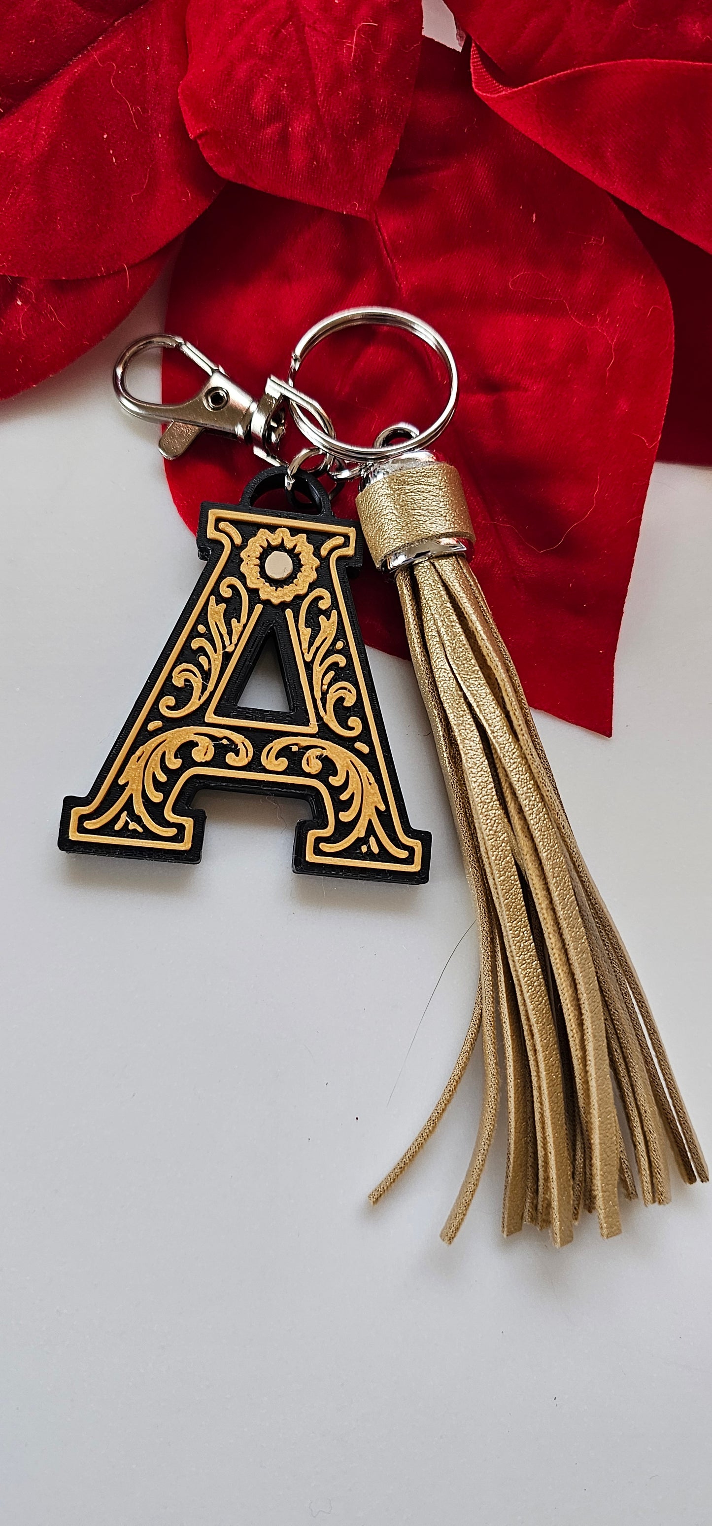 3D Print Tooled Leather Look Initial Fringe Keychain Purse Charm Choice of Colors