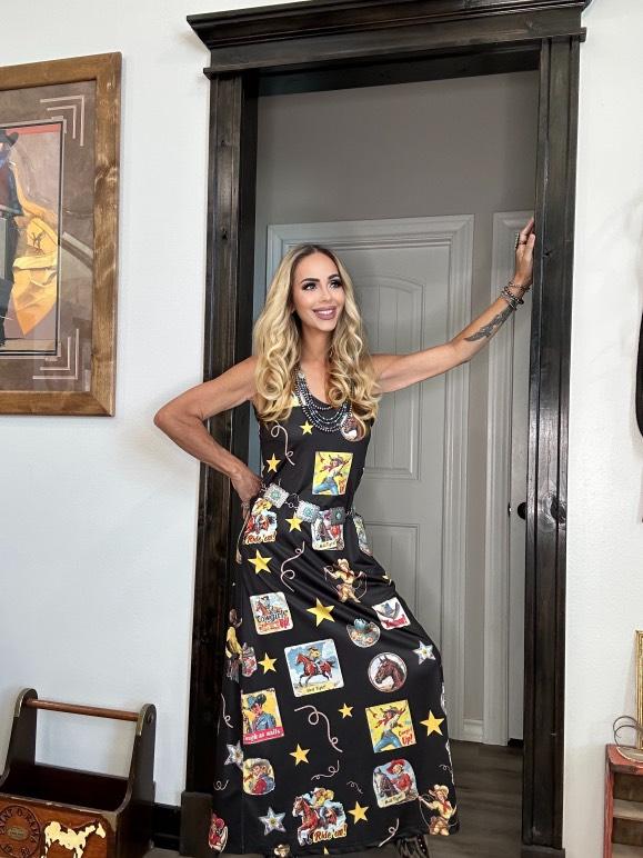 Baha Ranch Vintage Cowgirl Collage Western Sun Dress White / M Baha Ranch Vintage Cowgirl Collage Western Sun Dress White / M