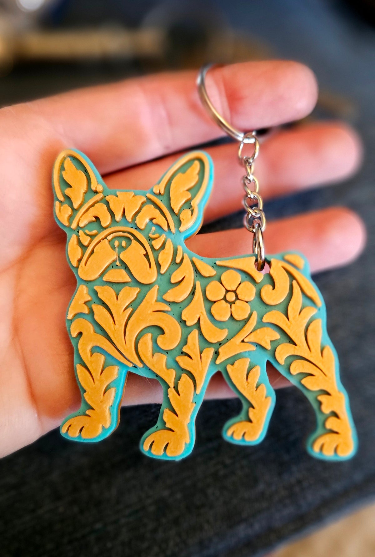 3D Print Frenchie French Bulldog Tooled Keychain Made in America
