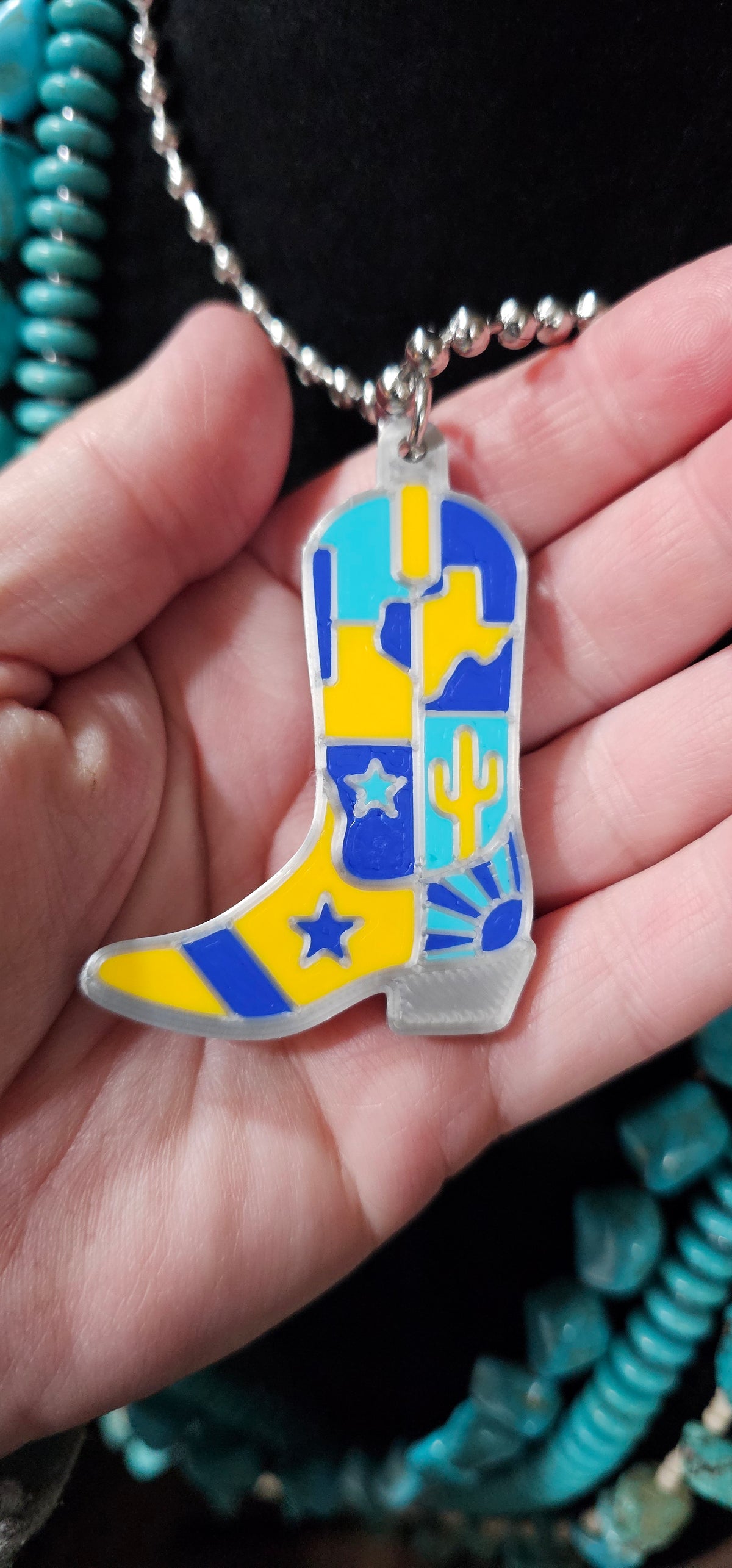 Baha Ranch 3D Print Yellow Blue Texas Inlay Boot Necklace