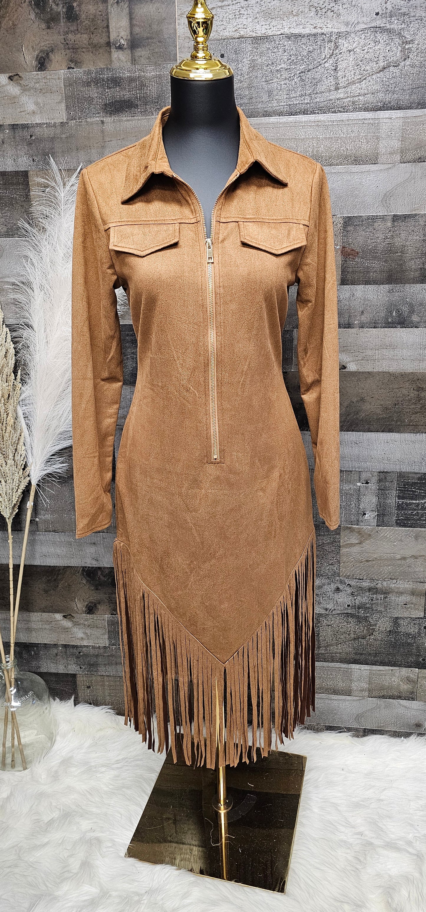 Desert Diva Zip Front Long Sleeve Fringe Dress