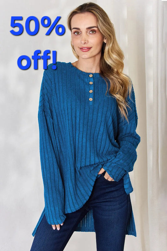 Basic Bae Full Size Ribbed Half Button Long Sleeve High-Low Tunic Top choice of colors