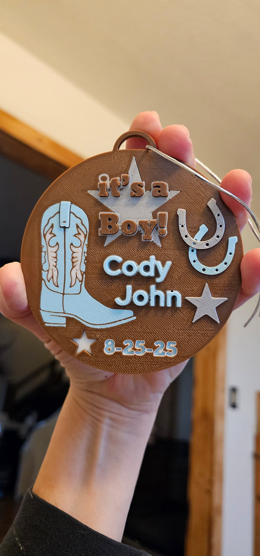 3D Print Personalized Birth New Baby Boy Cowboy Announcement Gift Favor Ornament