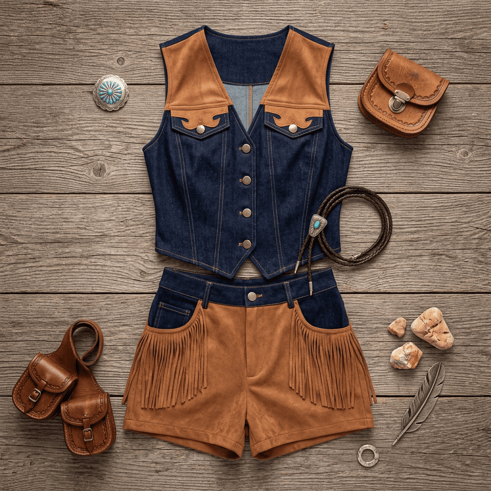 Giddy Up Cowgirl Fringe Vest Shorts Set Outfit pre order eta 5-16-26