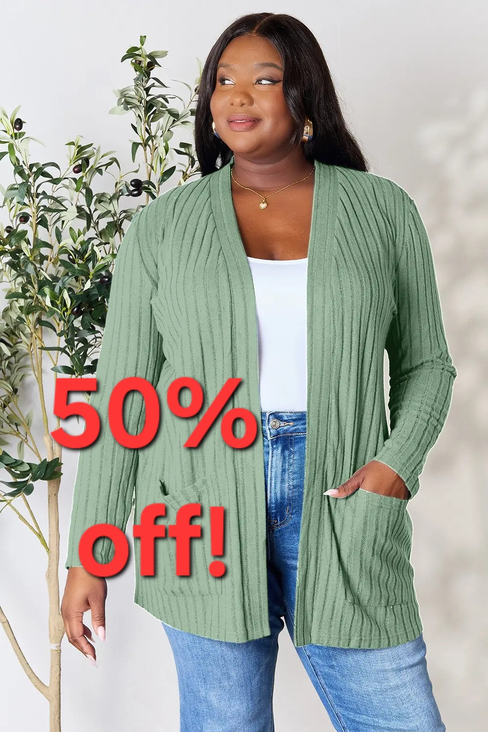 Basic Bae Full Size Ribbed Open Front Cardigan with Pockets