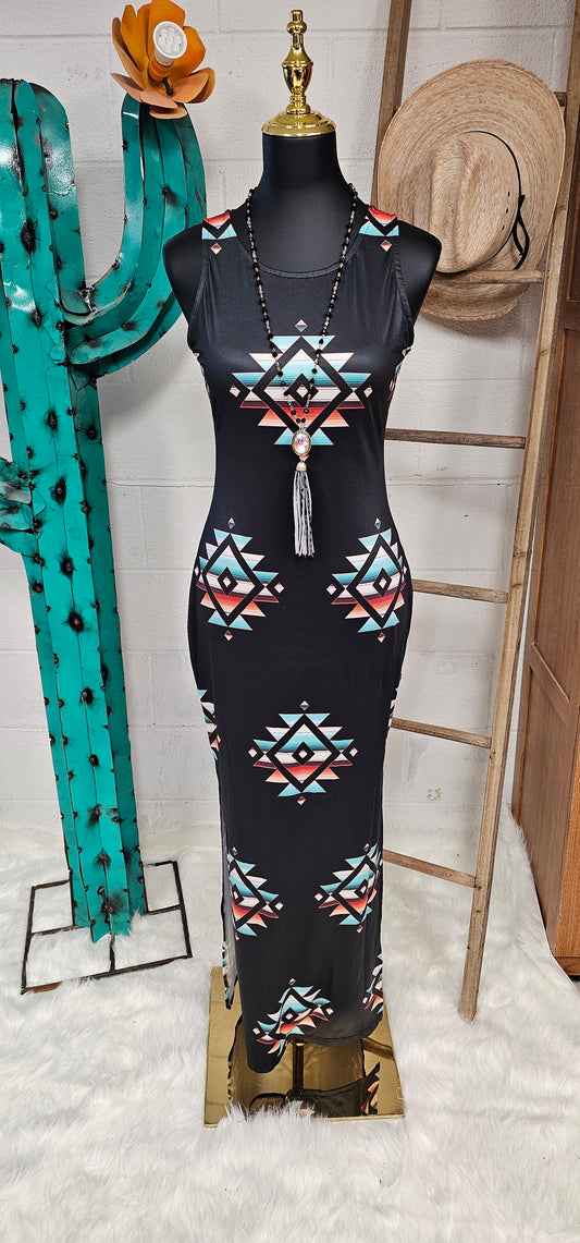 Southwestern Aztec Sleeveless Bodycon Side Slit Western Maxi Dress