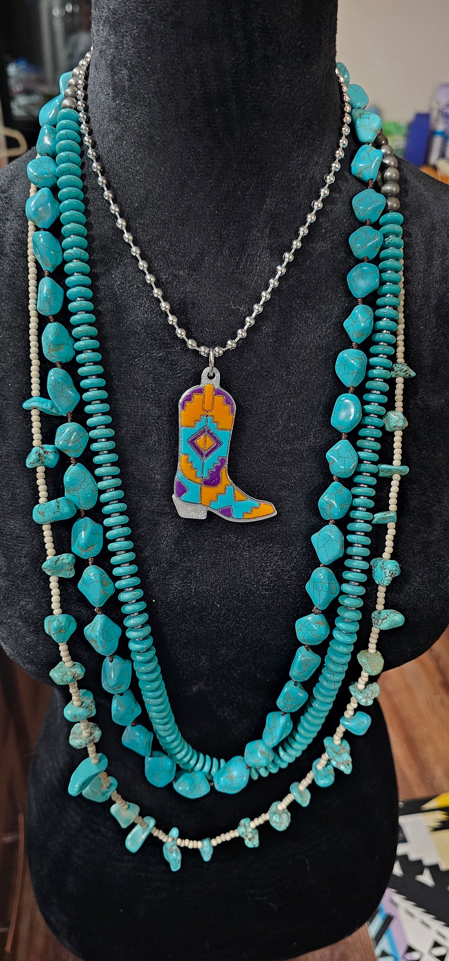 Baha Ranch 3D Print Purple Orange Aztec Inlay Boot Necklace