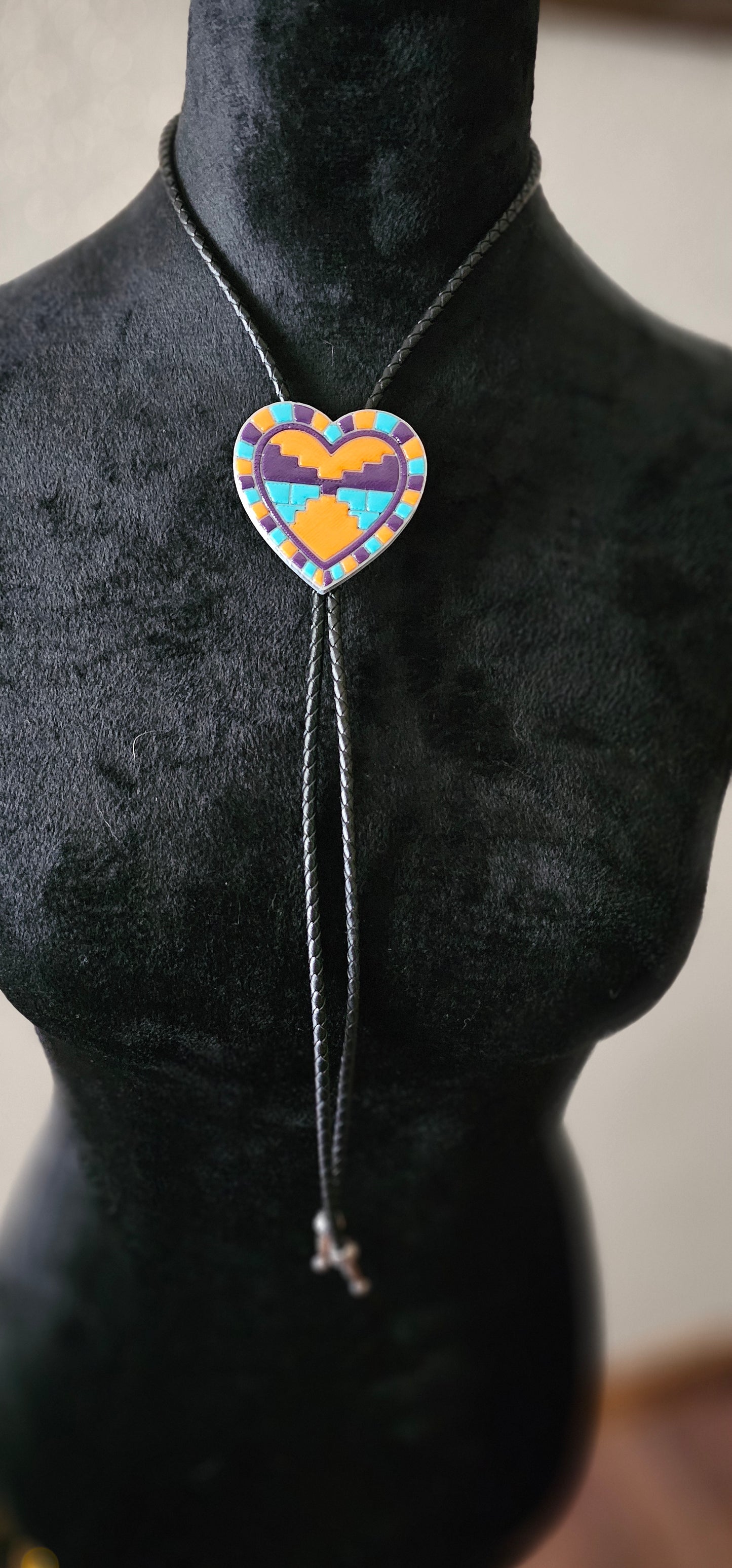 Orange Purple Aztec 3D Inlay Heart Bolo Tie Necklace