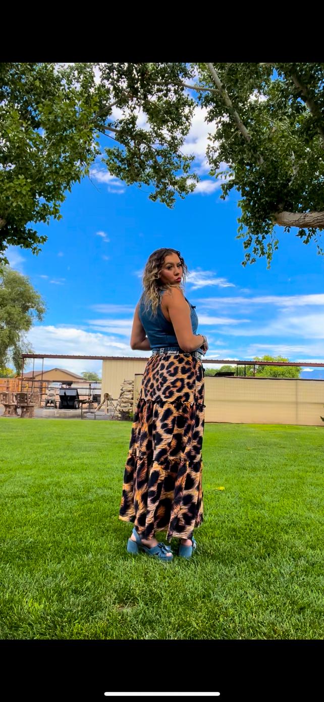 Baha Ranch Retro Pop Western Leopard Print Maxi Prairie Skirt