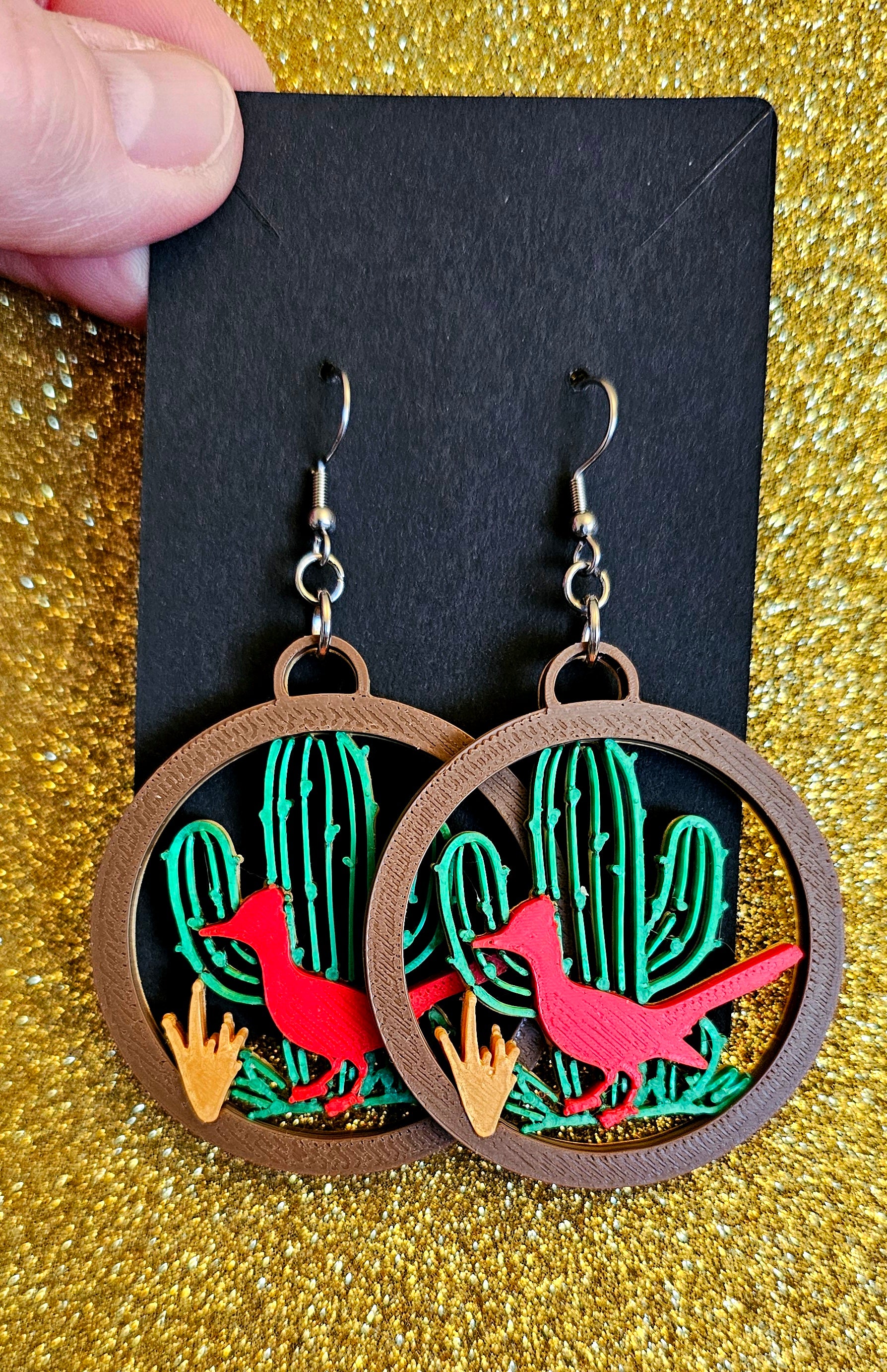 3D Print Zia New Mexico Cactus Earrings Made in America Cactus & Roadrunner