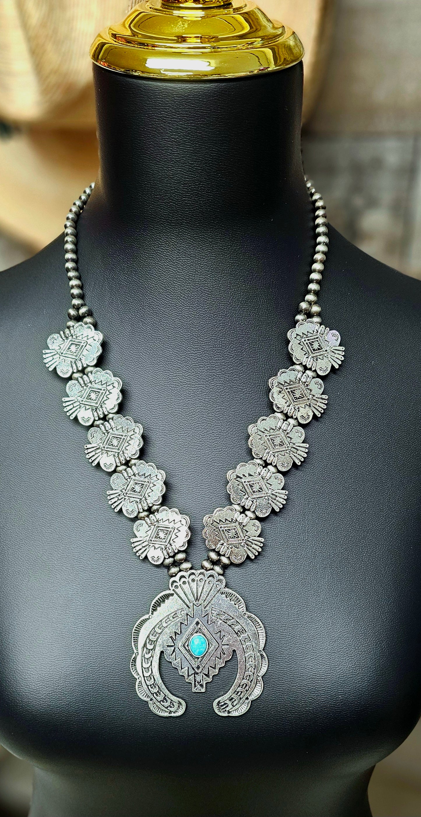 Baha Ranch Silvertone Aztec Squash Blossom Necklace set