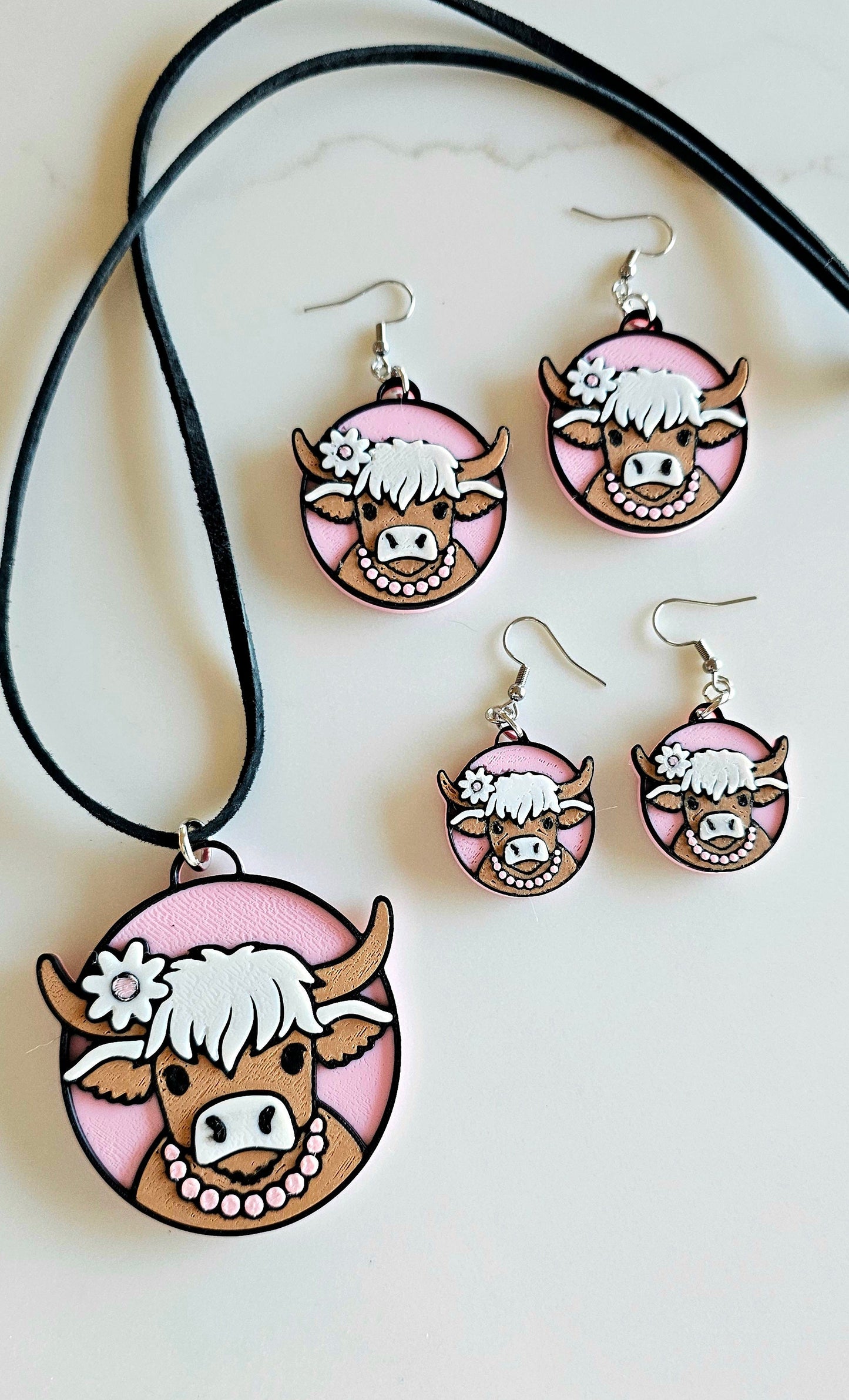 3D Print Cowgirl Highland Cow Picture Necklace or Earrings Western Made in America