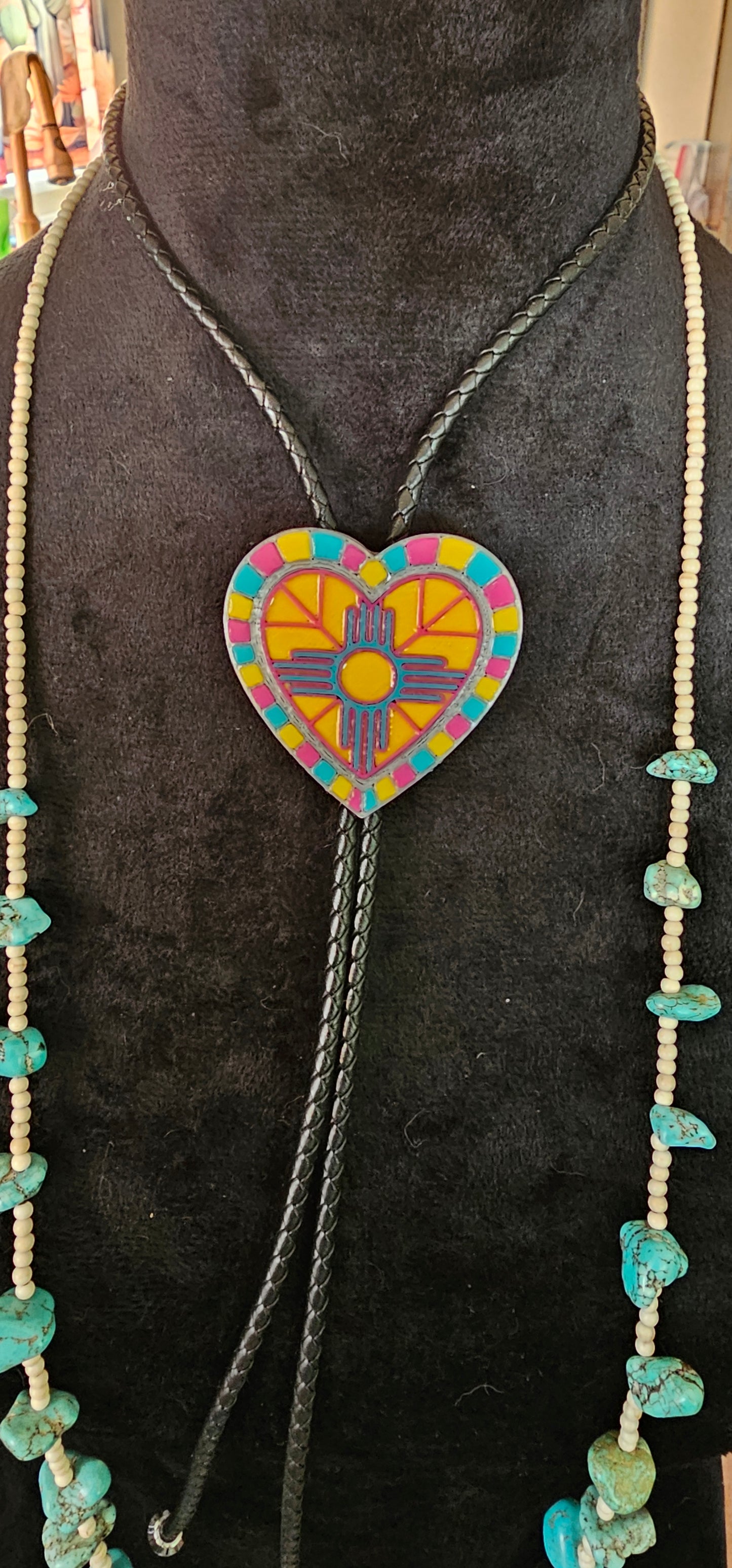 Yellow Pink Turquoise Zia 3D Inlay Heart Bolo Tie Necklace Made in America
