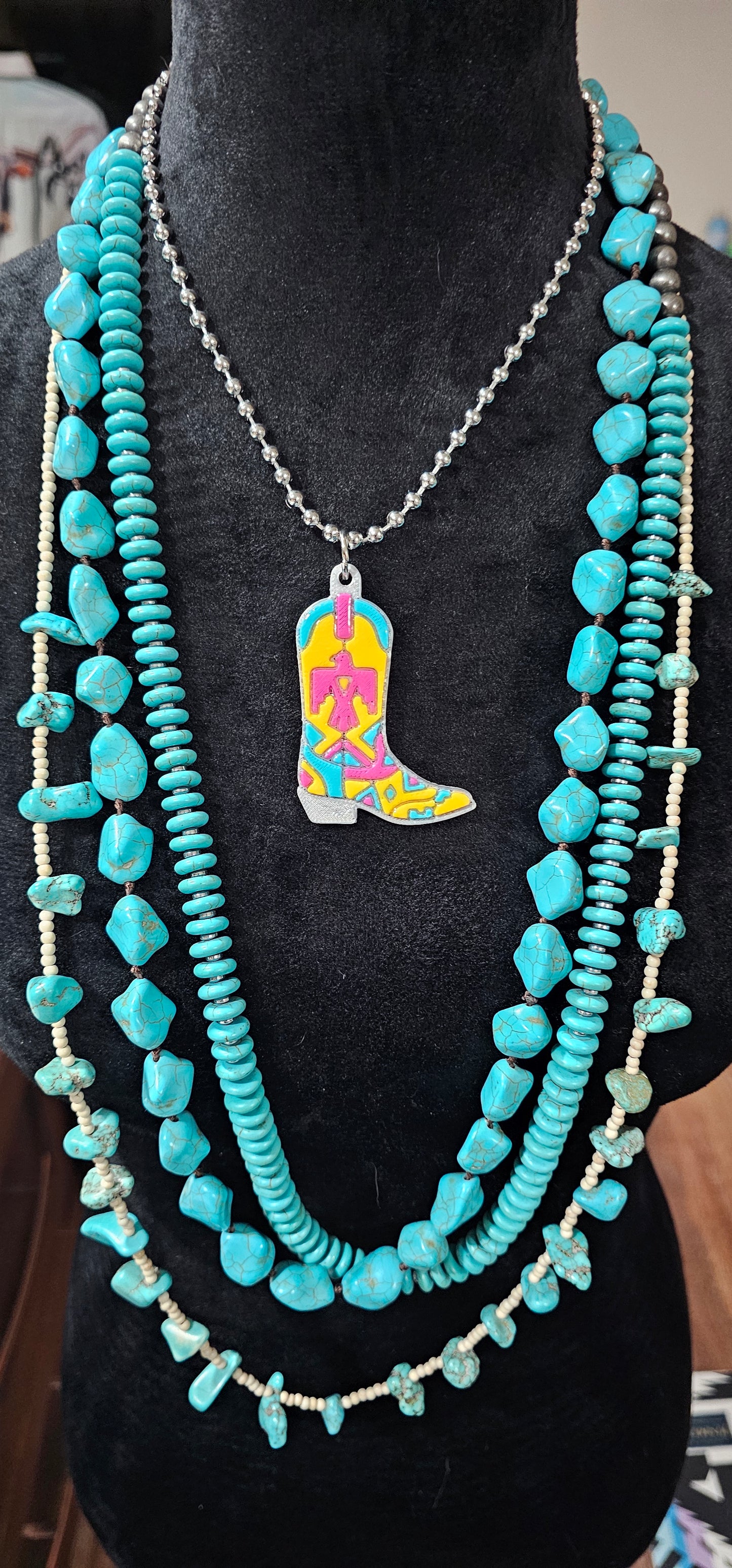 Baha Ranch 3D Print Pink Thunderbird Inlay Boot Necklace