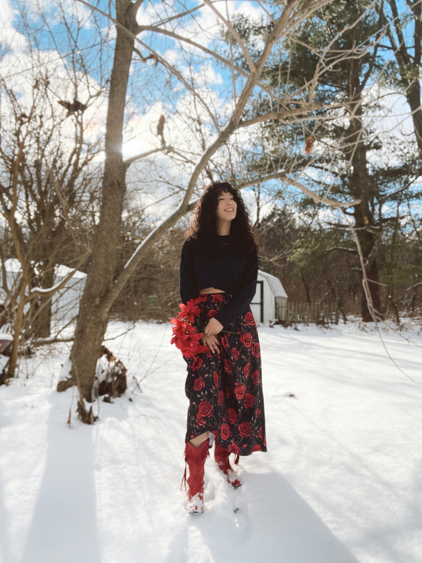 Colores de Mexico Romantic Red Roses Midi Skirt