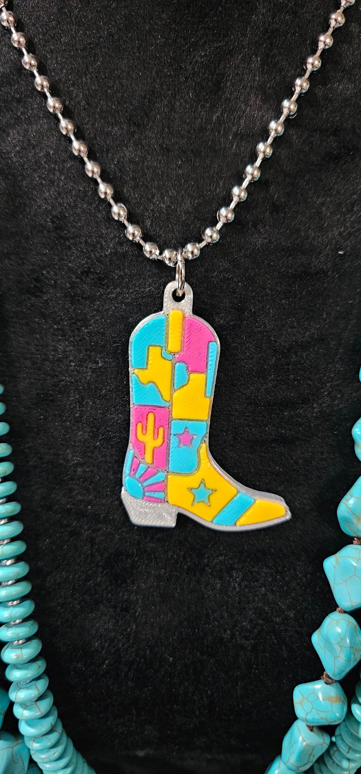 Baha Ranch 3D Print Pink Yellow Texas Inlay Boot Necklace