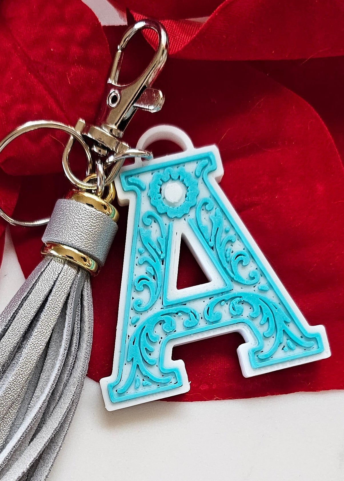 3D Print Tooled Leather Look Initial Fringe Keychain Purse Charm Choice of Colors