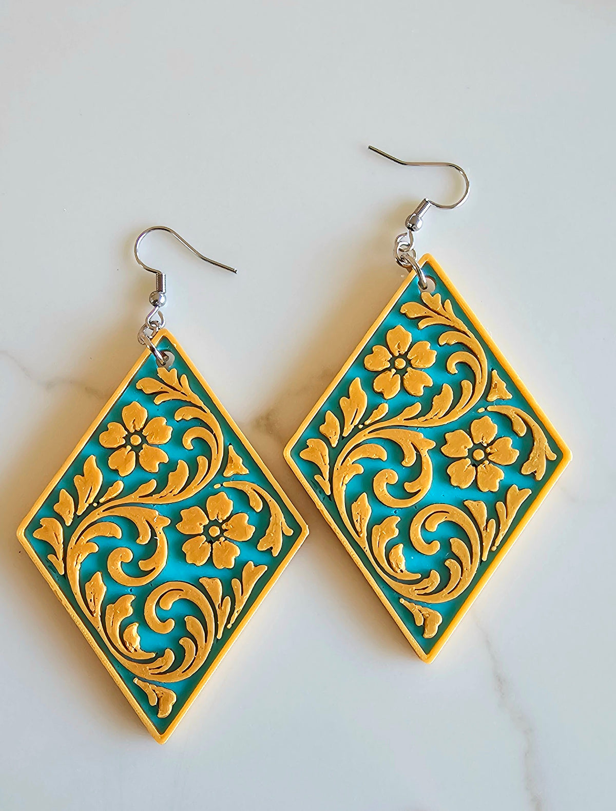 gold earrings for western dresses 3D Print Tooled Mustard on Turquoise Made in Ame Hourglass Body Dresses