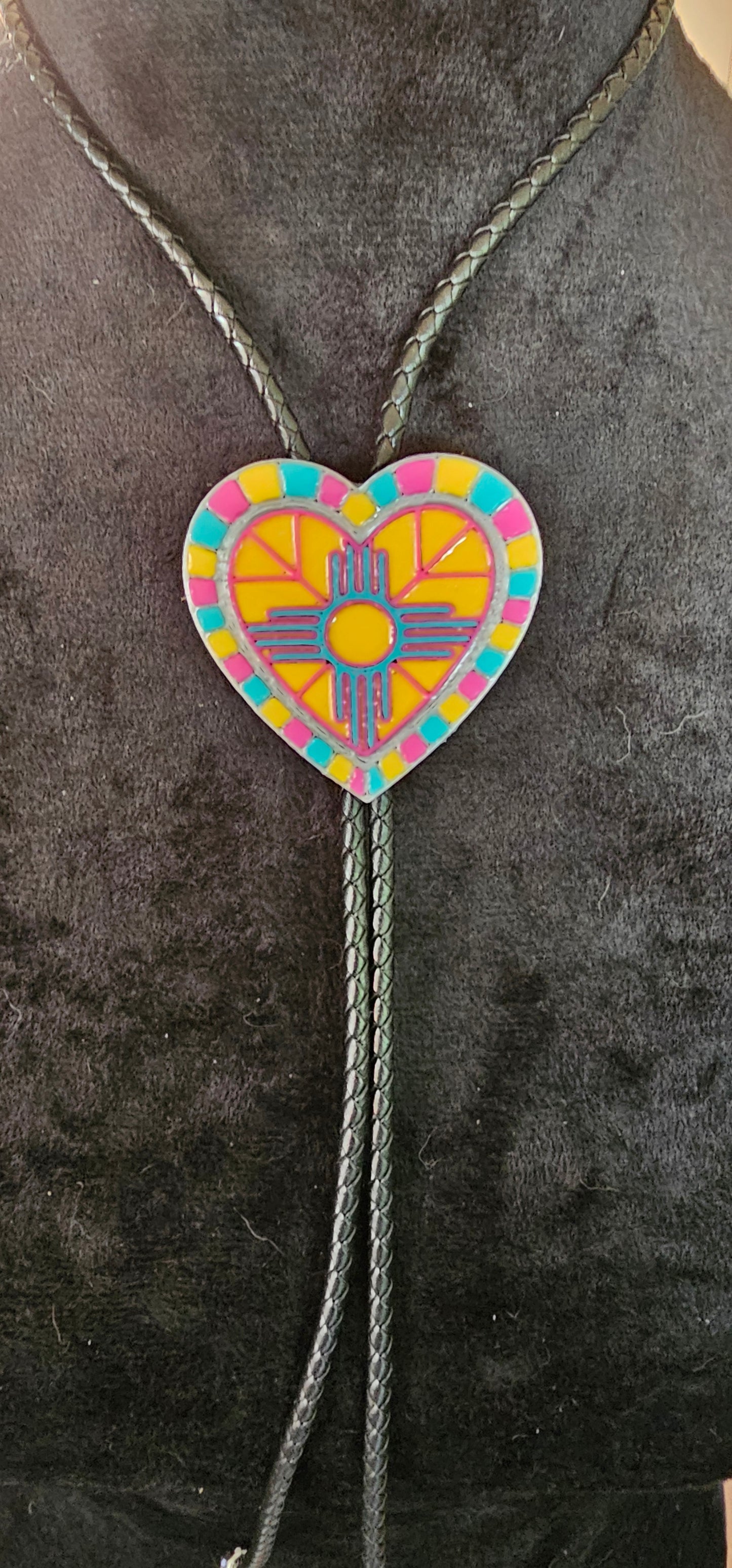 Yellow Pink Turquoise Zia 3D Inlay Heart Bolo Tie Necklace Made in America