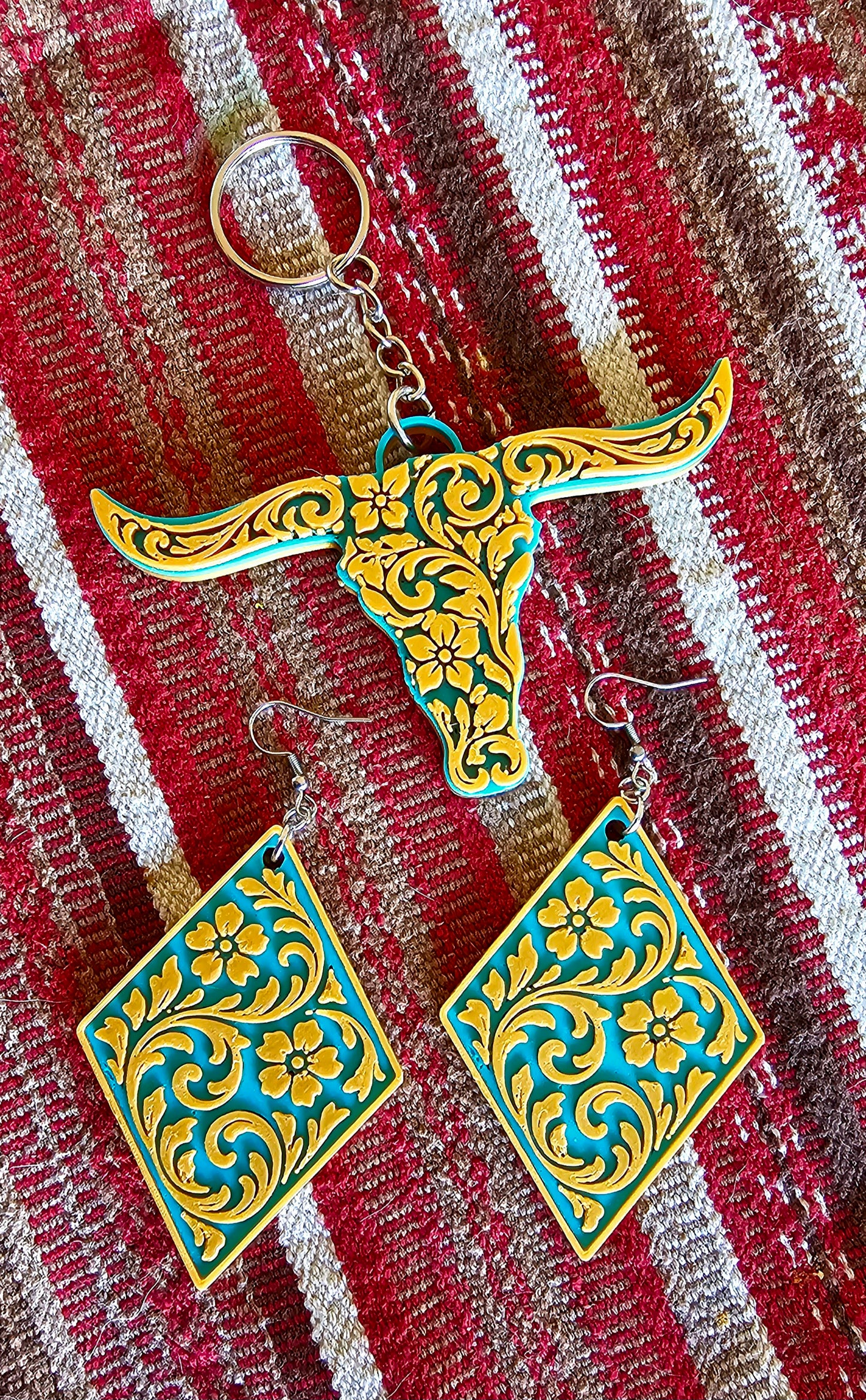 3D Print Western Tooled Mustard Gold on Turquoise  Earrings Made in America