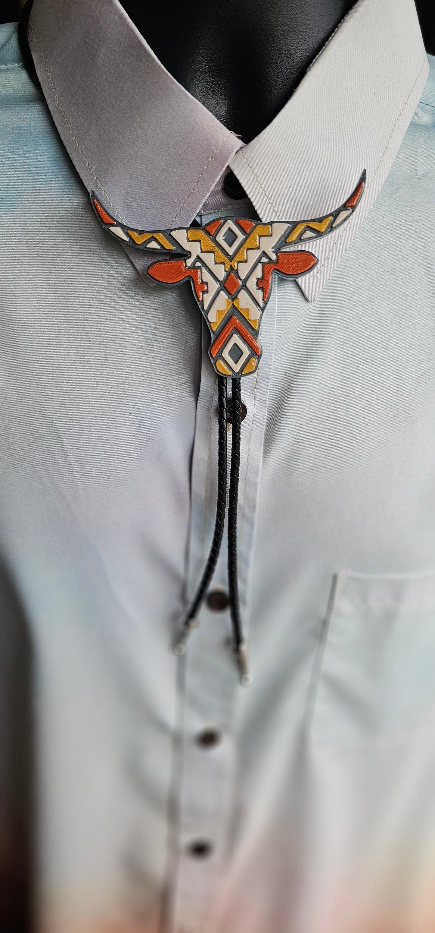 Brown Tan Aztec Longhorn 3D Inlay Bolo Tie Necklace Made in America