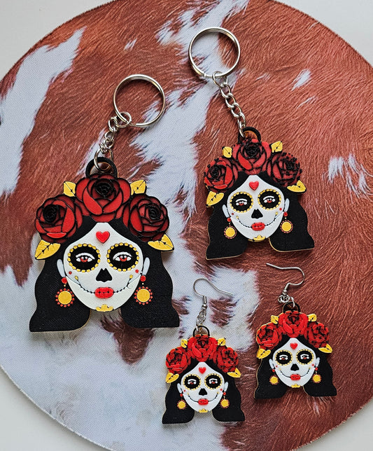 3D Print Mexico Theme Día de los Muertos Day of The Dead Sugar Skull Keychain or Earrings