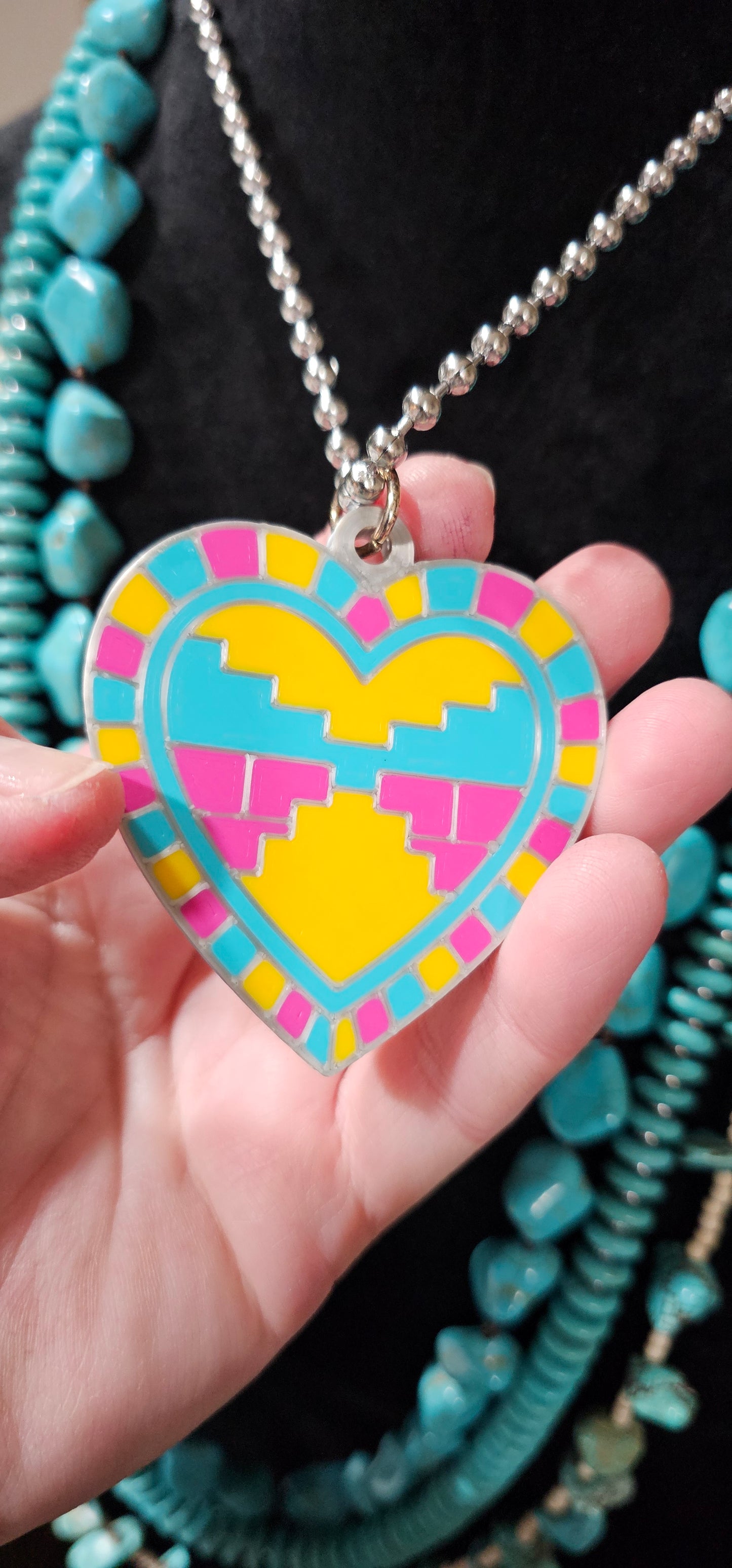 Baha Ranch 3D Print Pink Yellow Aztec Inlay Heart Necklace