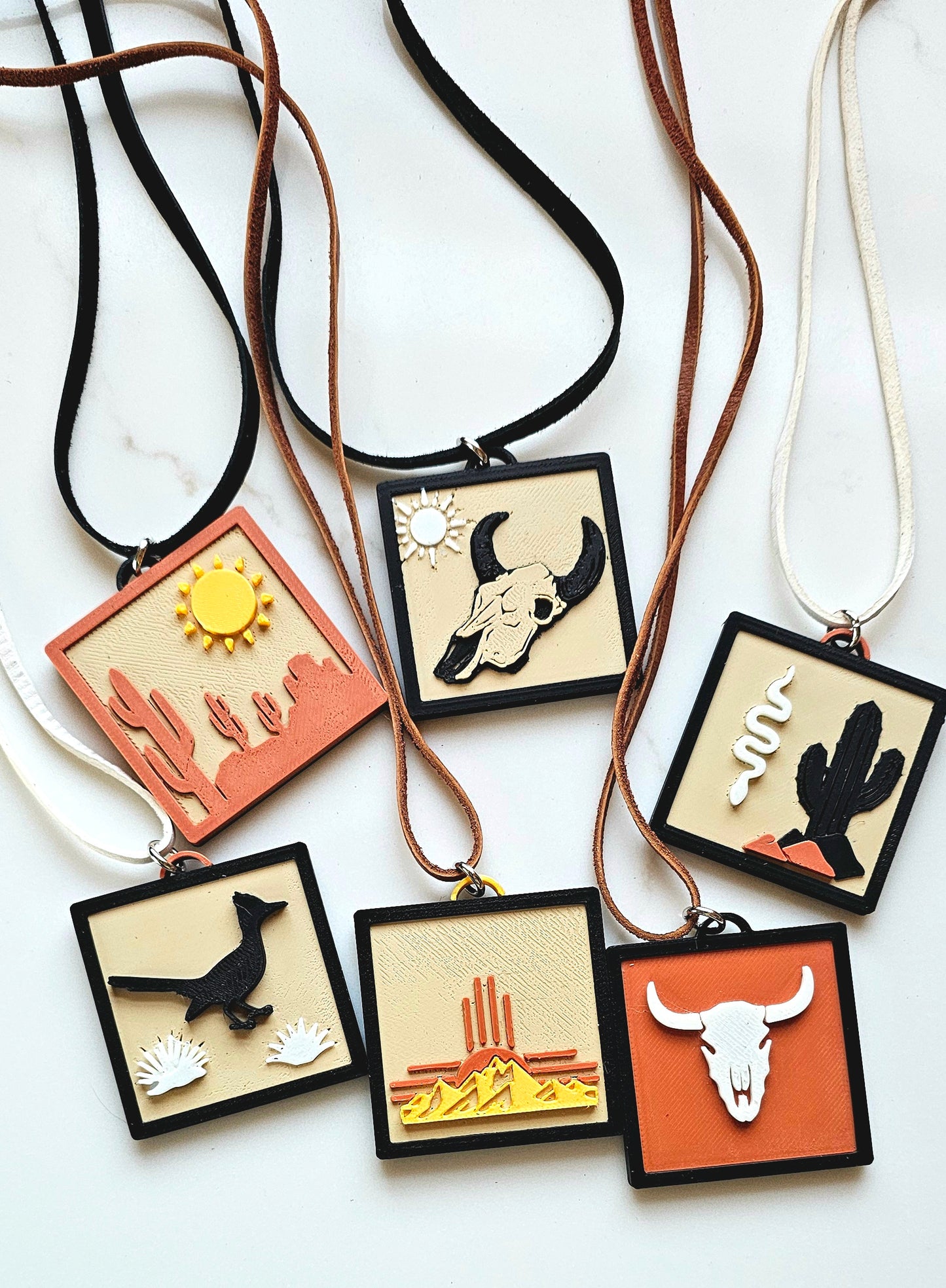 3D Print Picture Necklace on Deerskin Leather Western Bull Skull Desert Cactus Made in America