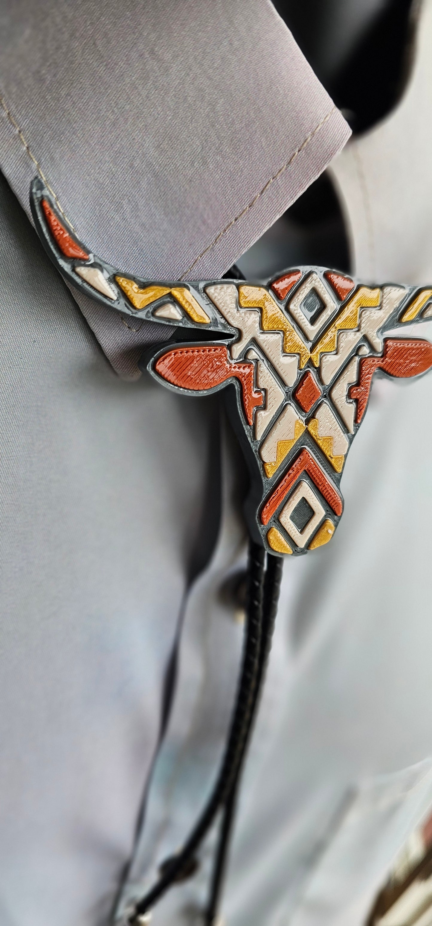 Brown Tan Aztec Longhorn 3D Inlay Bolo Tie Necklace Made in America