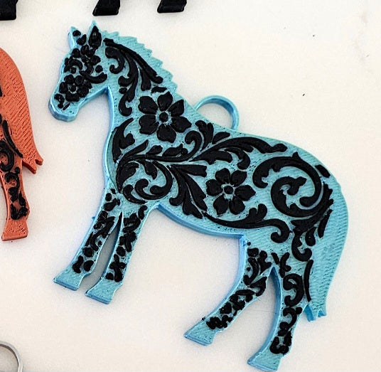 Baha Ranch 3D Print Floral Tooled Horse Charm or Keychain Made in America