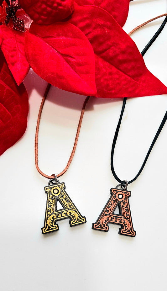 3D Print Tooled Leather Look Initial Pendant on Leather Necklace Made in America