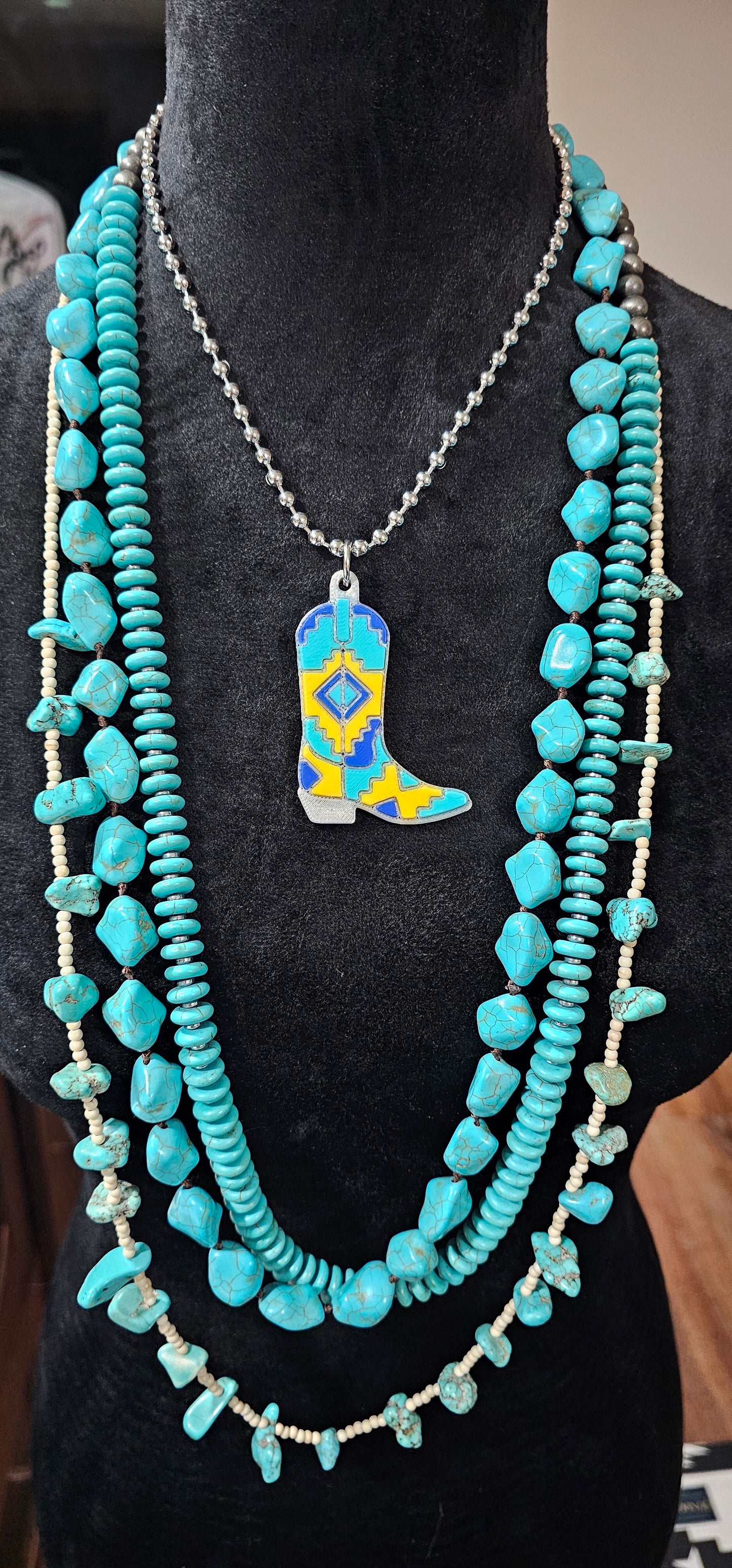 Baha Ranch 3D Print Yellow Blue Aztec Inlay Boot Necklace