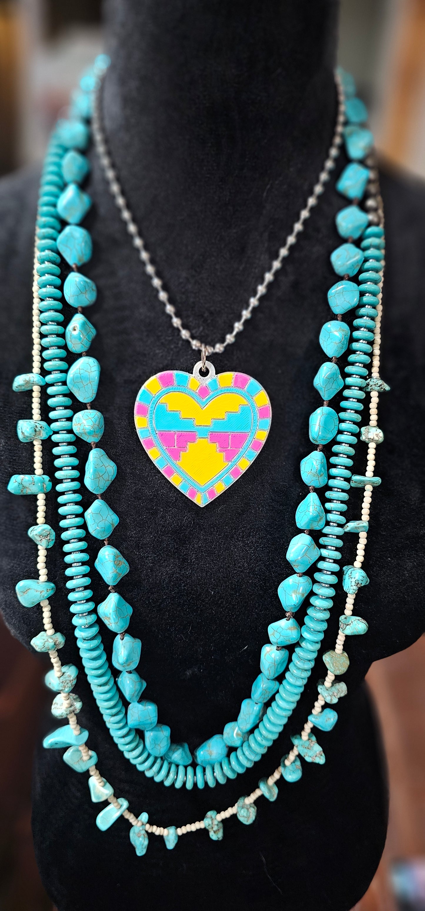 Baha Ranch 3D Print Pink Yellow Aztec Inlay Heart Necklace