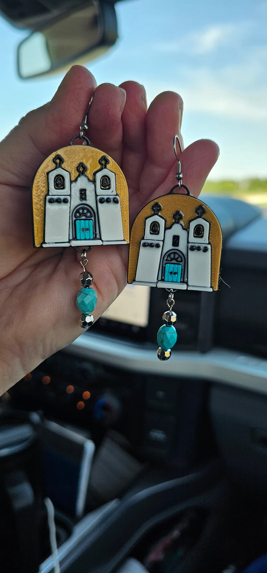 Baha Ranch 3D Print Santa Fe Adobe Church Turquoise Door New Mexico Earrings Made in America