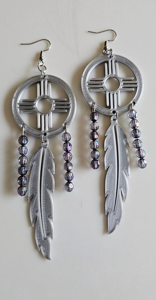 3D print Lightweight Silver New Mexico Zia Feather Dream Catcher Earrings Made in America