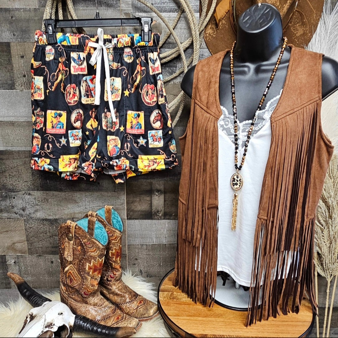 Vintage Cowgirl Collage Western Drawstring Shorts