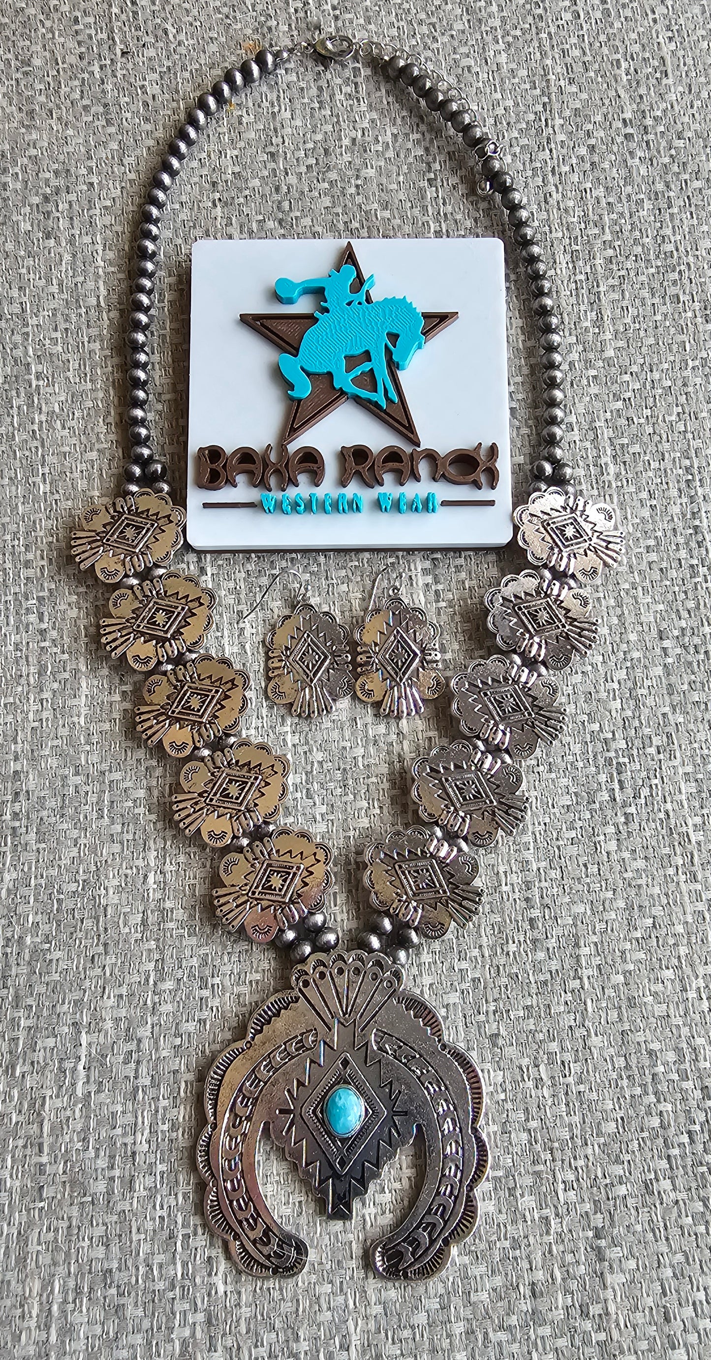 Baha Ranch Silvertone Aztec Squash Blossom Necklace set