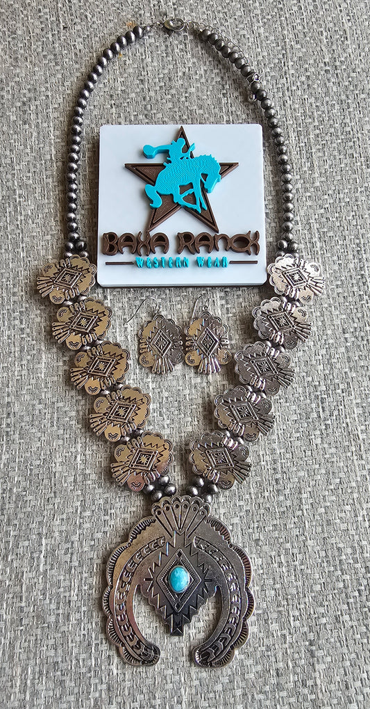 Baha Ranch Silvertone Aztec Squash Blossom Necklace set