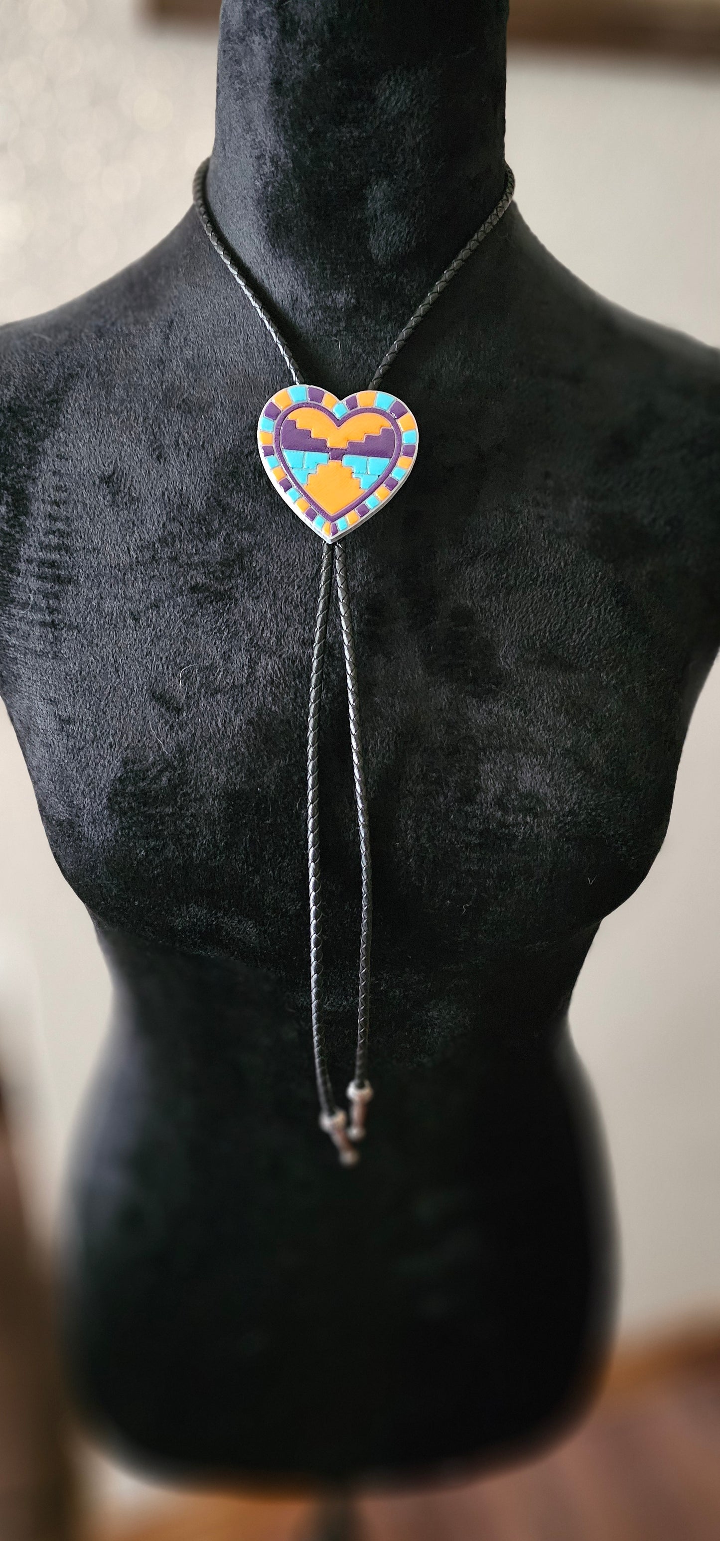 Orange Purple Aztec 3D Inlay Heart Bolo Tie Necklace
