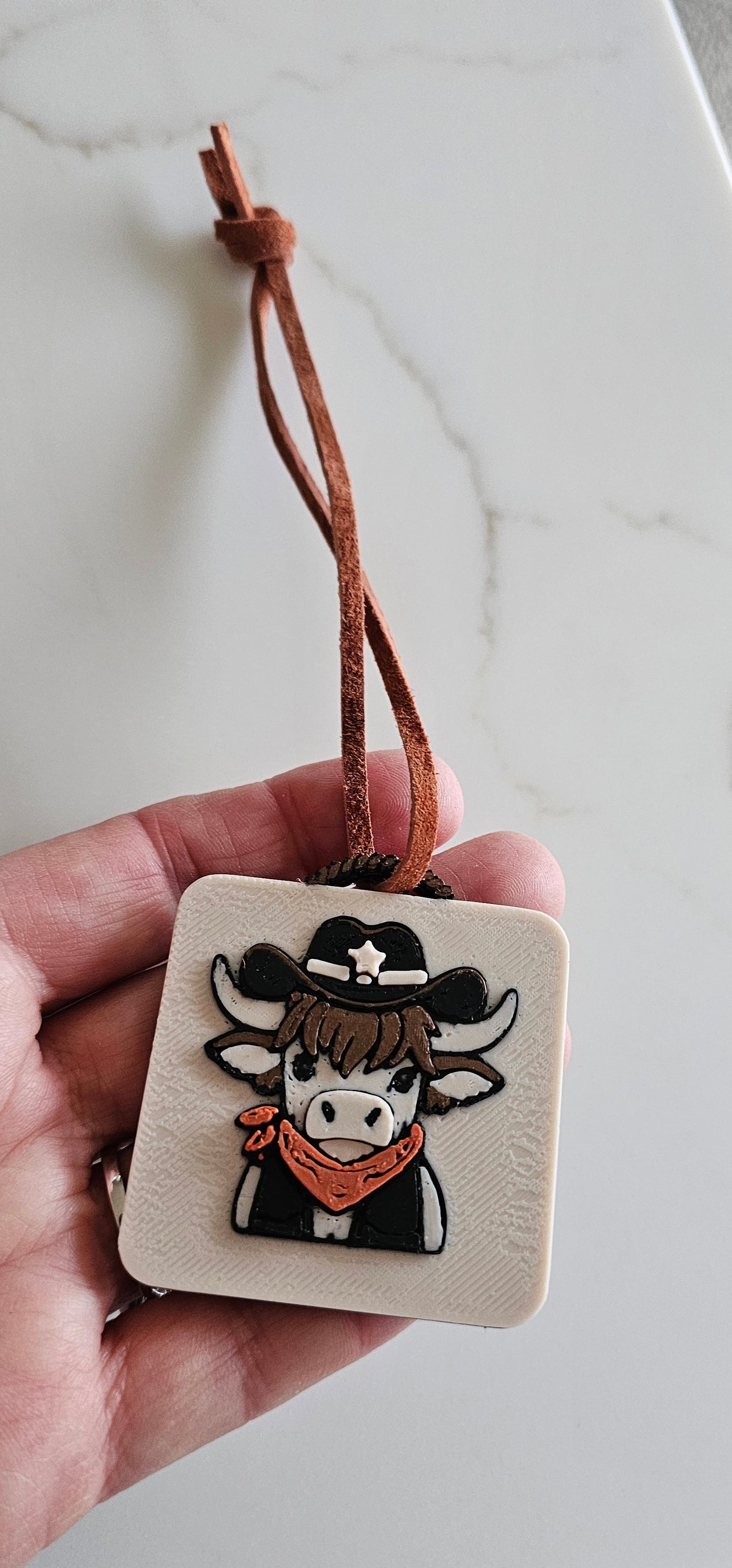 3D Print Cowboy Highland Cow Picture Necklace, Keychain or Purse Charm on Suede Leather Western Made in America