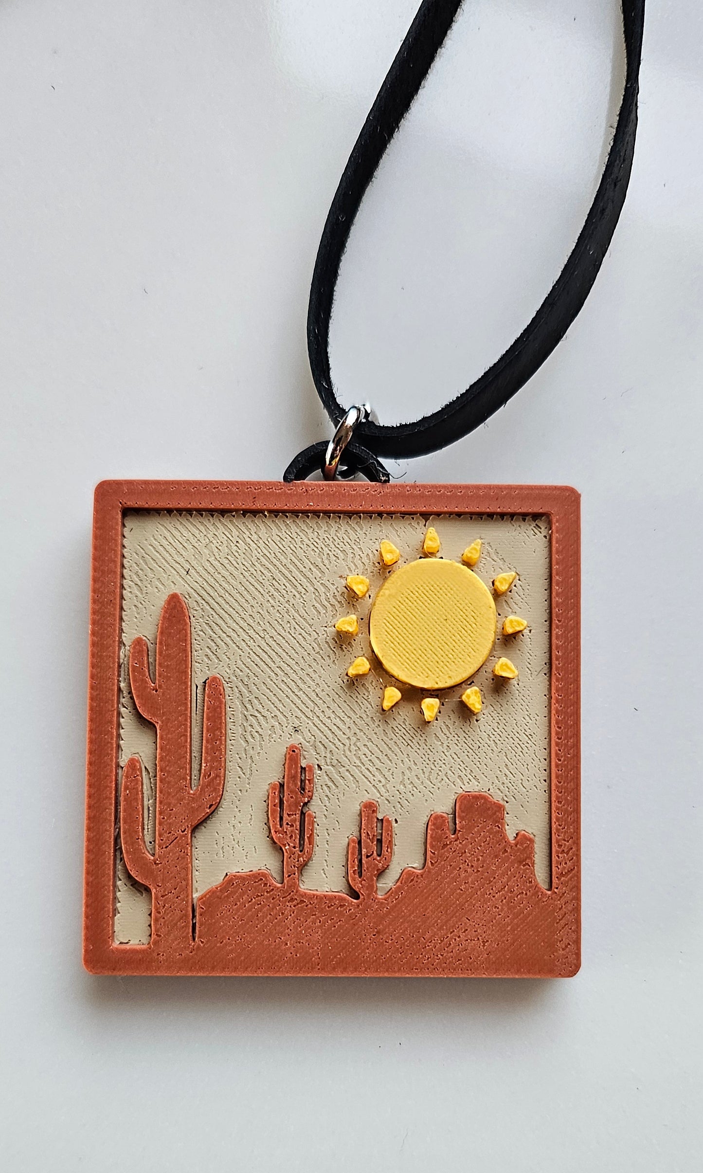 3D Print Picture Necklace on Deerskin Leather Western Bull Skull Desert Cactus Made in America