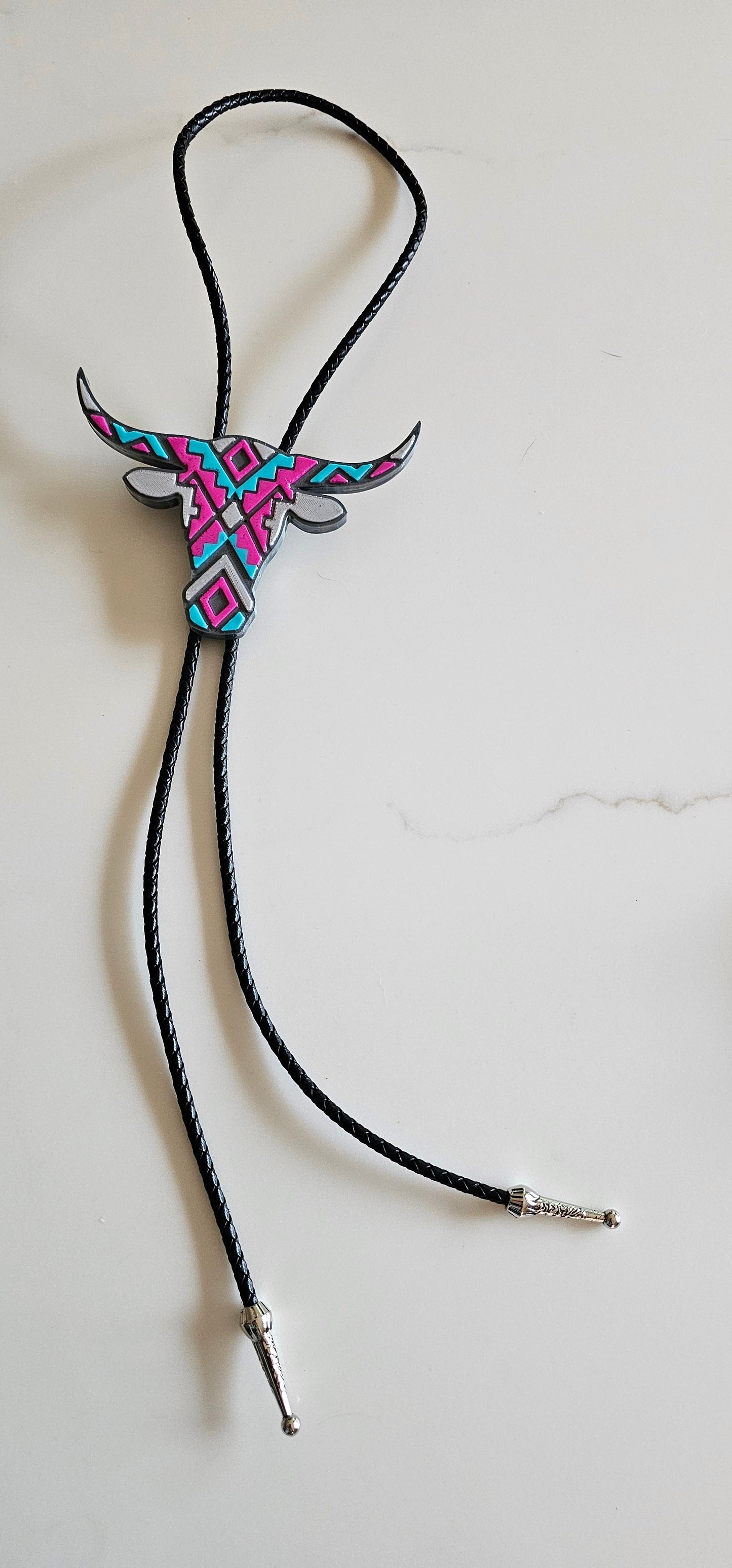 Turquoise Pink Aztec Longhorn 3D Inlay Bolo Tie Necklace Made in America