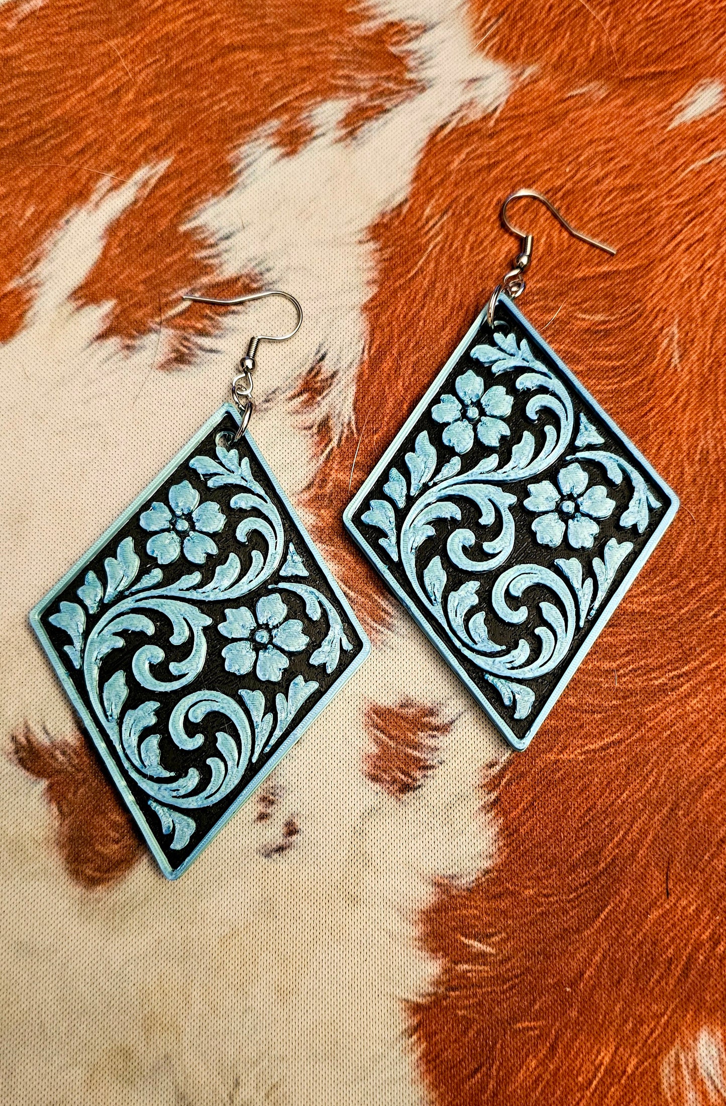 3D Print Western Tooled Turquoise  Earrings Made in America