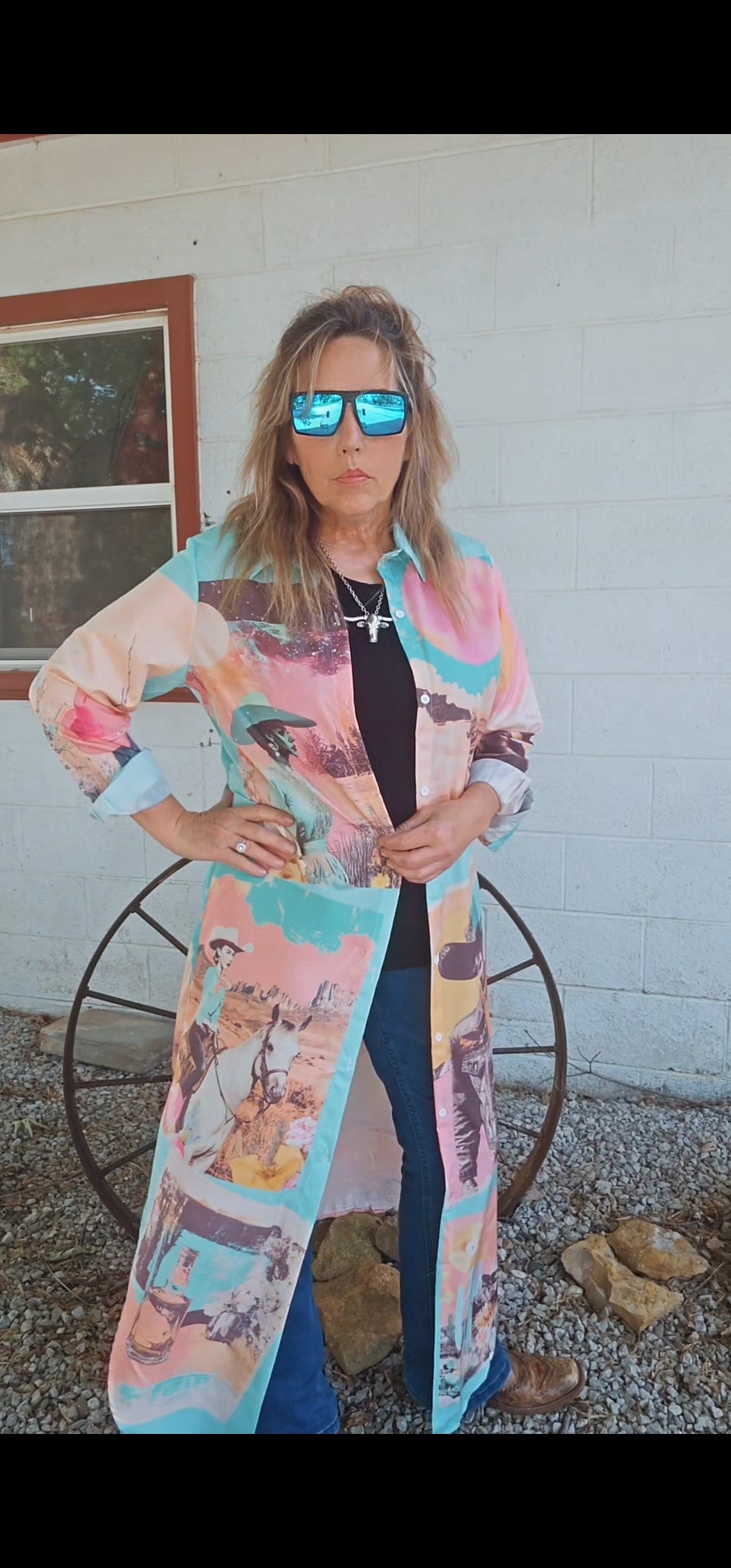 Baha Ranch Retro Pop Western Button Up Shirt Dress Duster