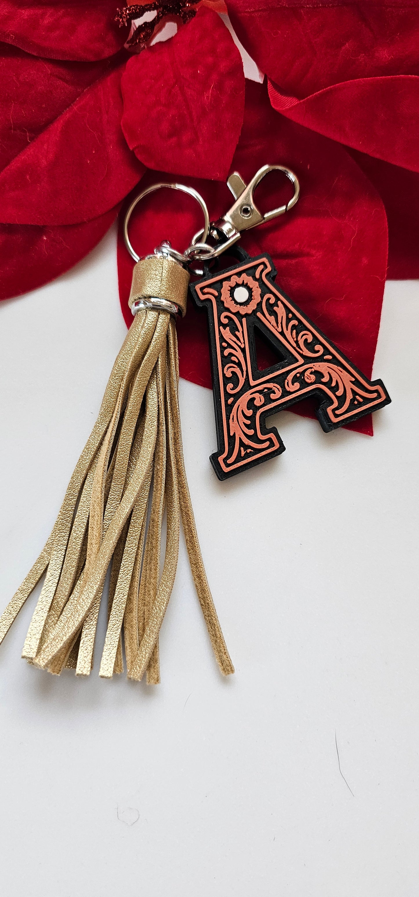 3D Print Tooled Leather Look Initial Fringe Keychain Purse Charm Choice of Colors